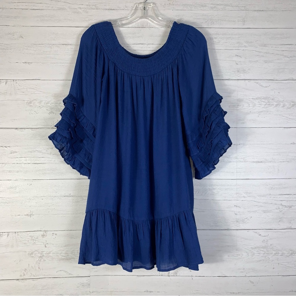 Smocked Scoop Neck Royal Blue Ruffle-Sleeve Mini Dress